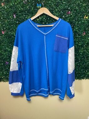 Boutique Blue Waffle Knit Top, Lace Sleeve Color-block Pocket Tee, S-XL